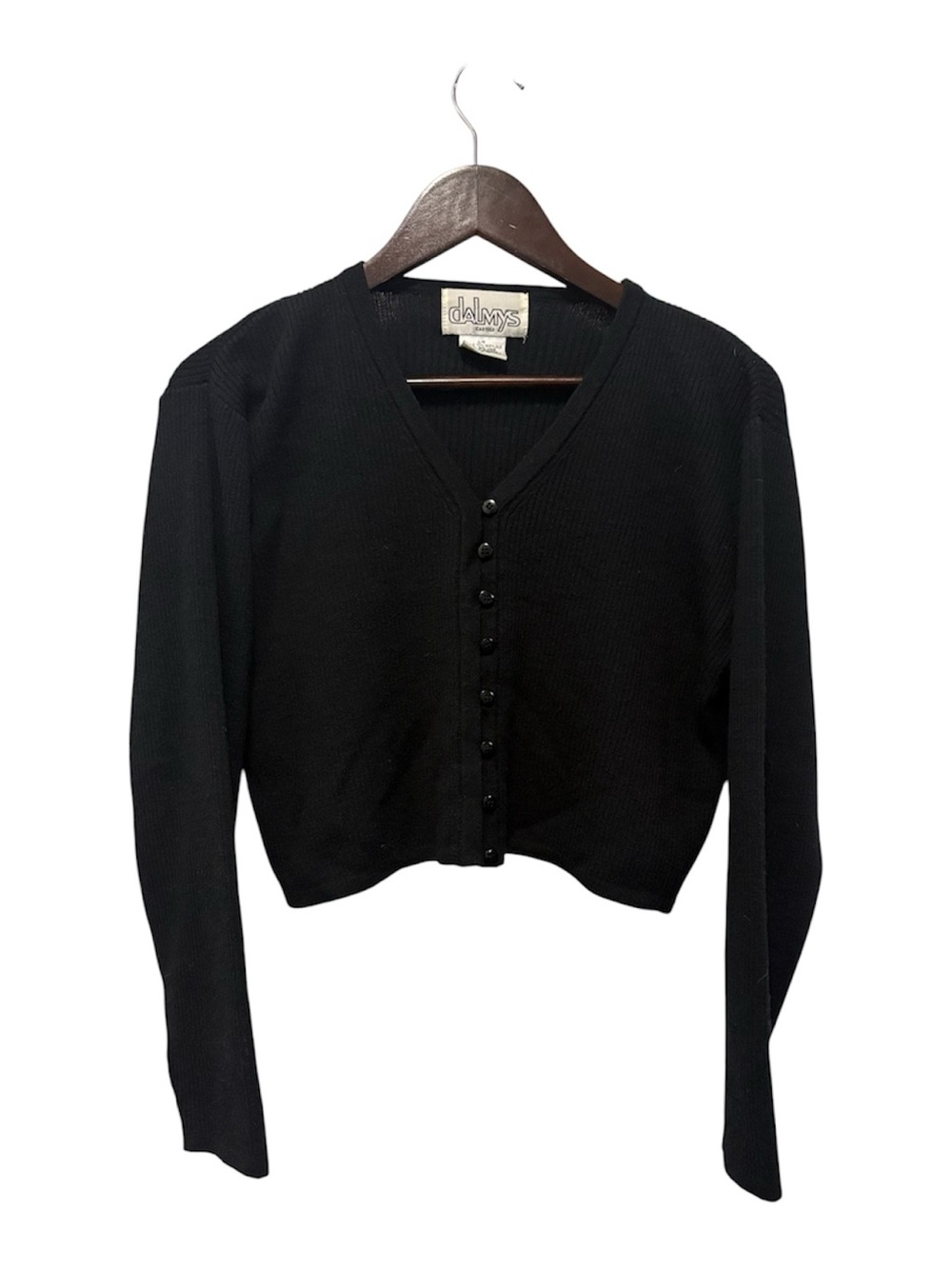 Vintage Retro 90s Whimsigoth Black Wool Blend Ribbed V-Neck Button Cardigan